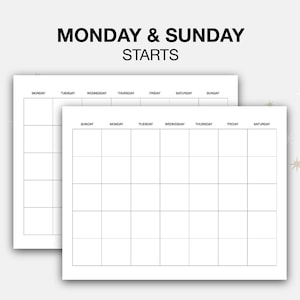 K&ouml;nnte beinhalten: Zwei leere Wochenkalender-Vorlagen mit dem Text "MONDAY & SUNDAY STARTS" oben. Die Kalender sind in sieben Spalten f&uuml;r jeden Wochentag unterteilt.