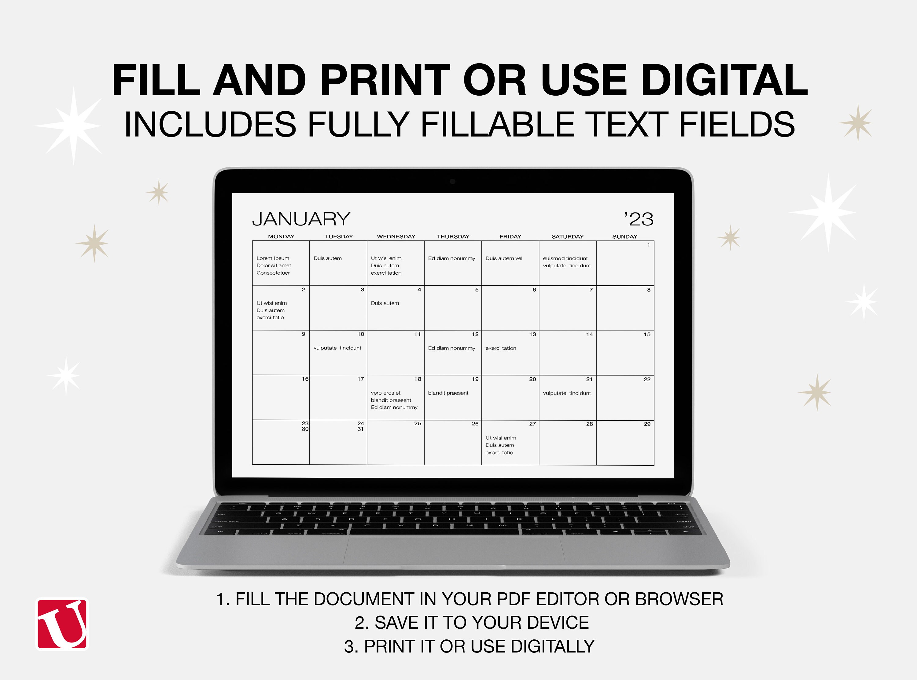 Monthly Printable and Fillable Calendar Monthly PDF Calendar Etsy