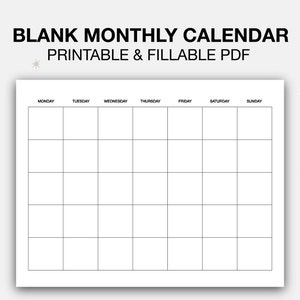 K&ouml;nnte beinhalten: Eine leere monatliche Kalender Vorlage im druckbaren und ausf&uuml;llbaren PDF-Format. Der Kalender hat ein einfaches Design mit einem Raster von Quadraten f&uuml;r jeden Tag der Woche, beschriftet mit den Wochentagen: Montag, Dienstag, Mittwoch, Donnerstag, Freitag, Samstag und Sonntag.