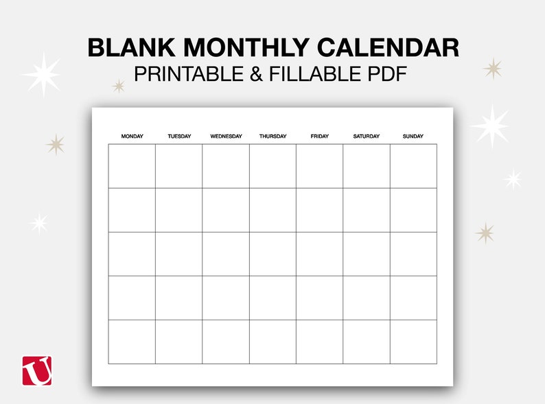 K&ouml;nnte beinhalten: Eine leere monatliche Kalender Vorlage im druckbaren und ausf&uuml;llbaren PDF-Format. Der Kalender hat ein einfaches Design mit einem Raster von Quadraten f&uuml;r jeden Tag der Woche, beschriftet mit den Wochentagen: Montag, Dienstag, Mittwoch, Donnerstag, Freitag, Samstag und Sonntag.