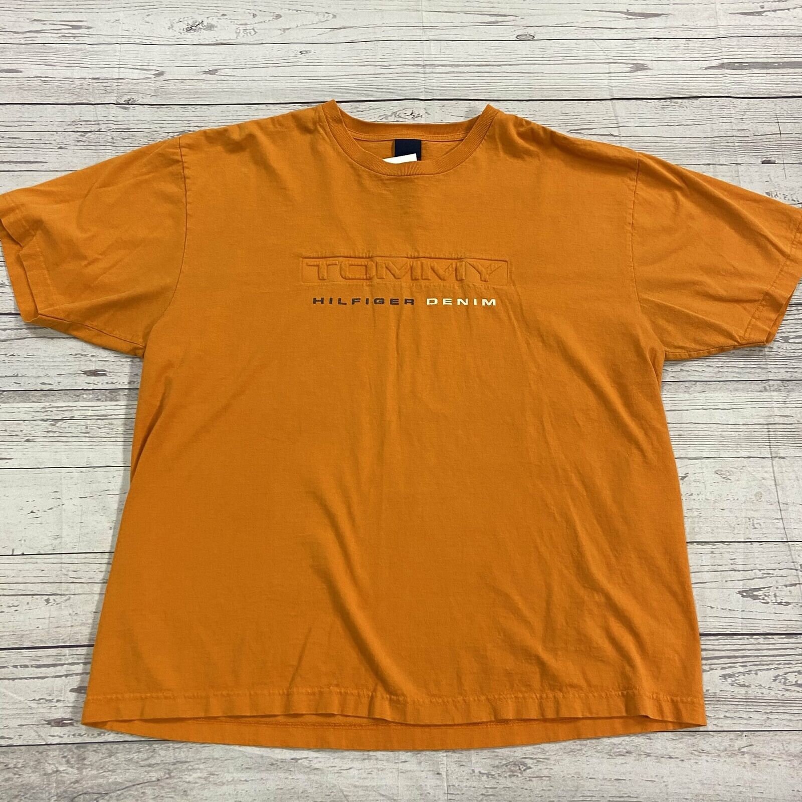 Vintage Tommy Hilfiger Jeans Orange T Shirt Men Size XL Embossed