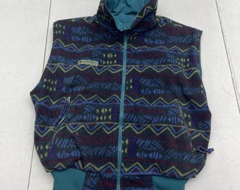 Vintage Columbia Green Nylon Aztec Fleece Reversible Vest Women’s Size Small