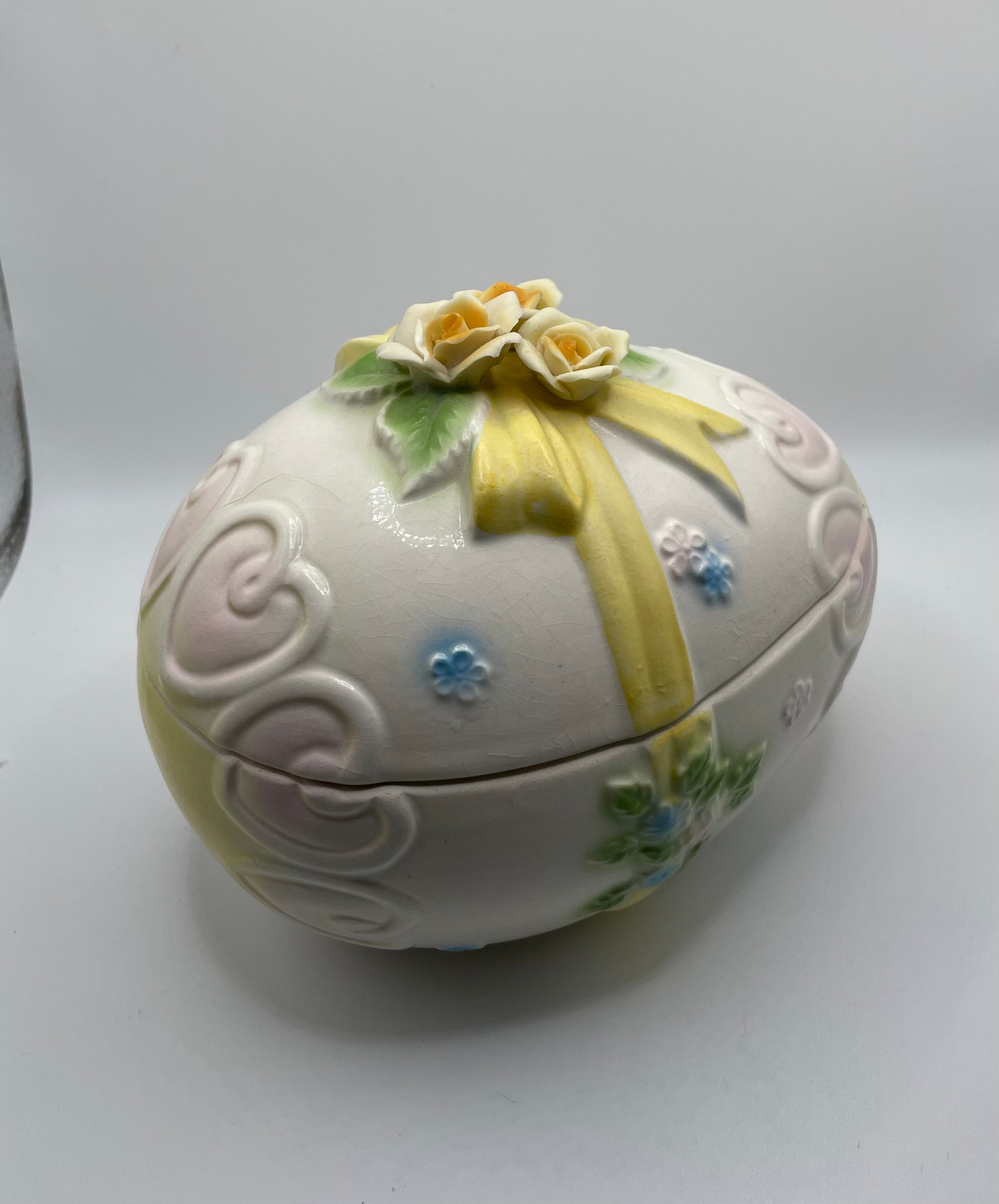 Vintage Lefton Easter Egg Candy Dish W/ Lid, Floral Trinket Box, 516, Japan, Rare Yellow Version