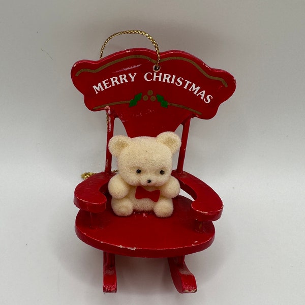 Vintage RUSS BERRIE Flocked Teddy Bear Christmas Ornament, Rocking Chair, Merry Christmas