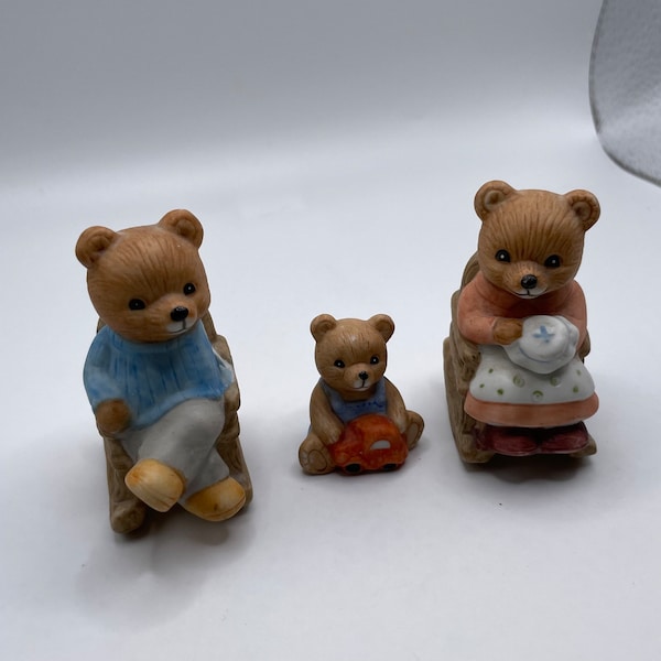 Vintage Homco 1470 Set of 3 Bears Set, Mom Dad Baby Bear, Rare Complete Set, Rocking Chairs