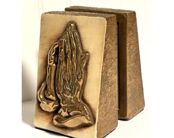 Raros sujetalibros vintage de bronce MARION con forma de manos rezando, firmados por MB, religiosos, de la década de 1940.