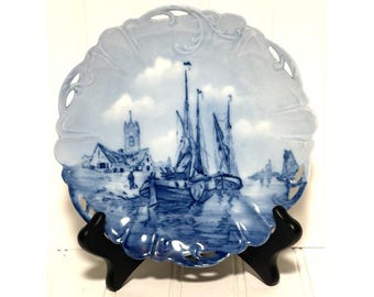 Antyczny talerz Rosenthal Delft Lion d'Or w stylu wioski rybackiej w kolorze niebieskim