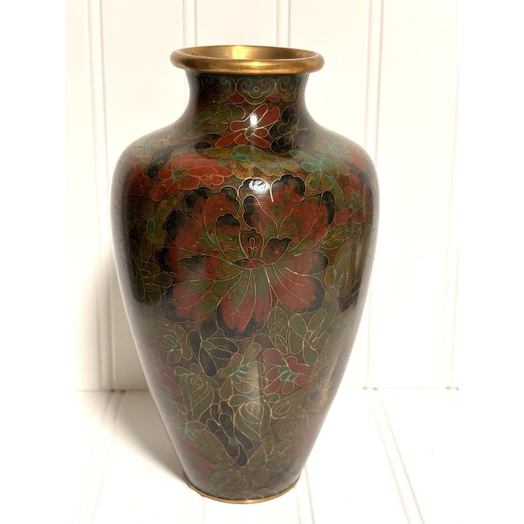Gold Rust Vase Vintage Cloisonné Vase Enamel Floral Brown Rust Green Gold Top & Base 8 ...