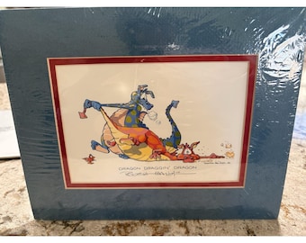 Vintage Dragon ziehen Drachen signierte Robert Marble Kunstdruck Lithographie 10x8