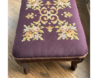 Vtg Footstool Ottoman Needlepoint Maroon Roses Floral Carved Wood Legs