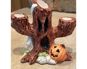Stary świecznik na Halloween, upiorne drzewo, ceramiczny świecznik, duch, 6x6 cali