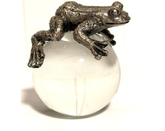 VTG Glass Paperweight Pewter Frog Toad Signed S&P