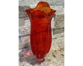 Swag Art Glass Footed Taschentuch Rüschenvase Amberina Orange 8 inches