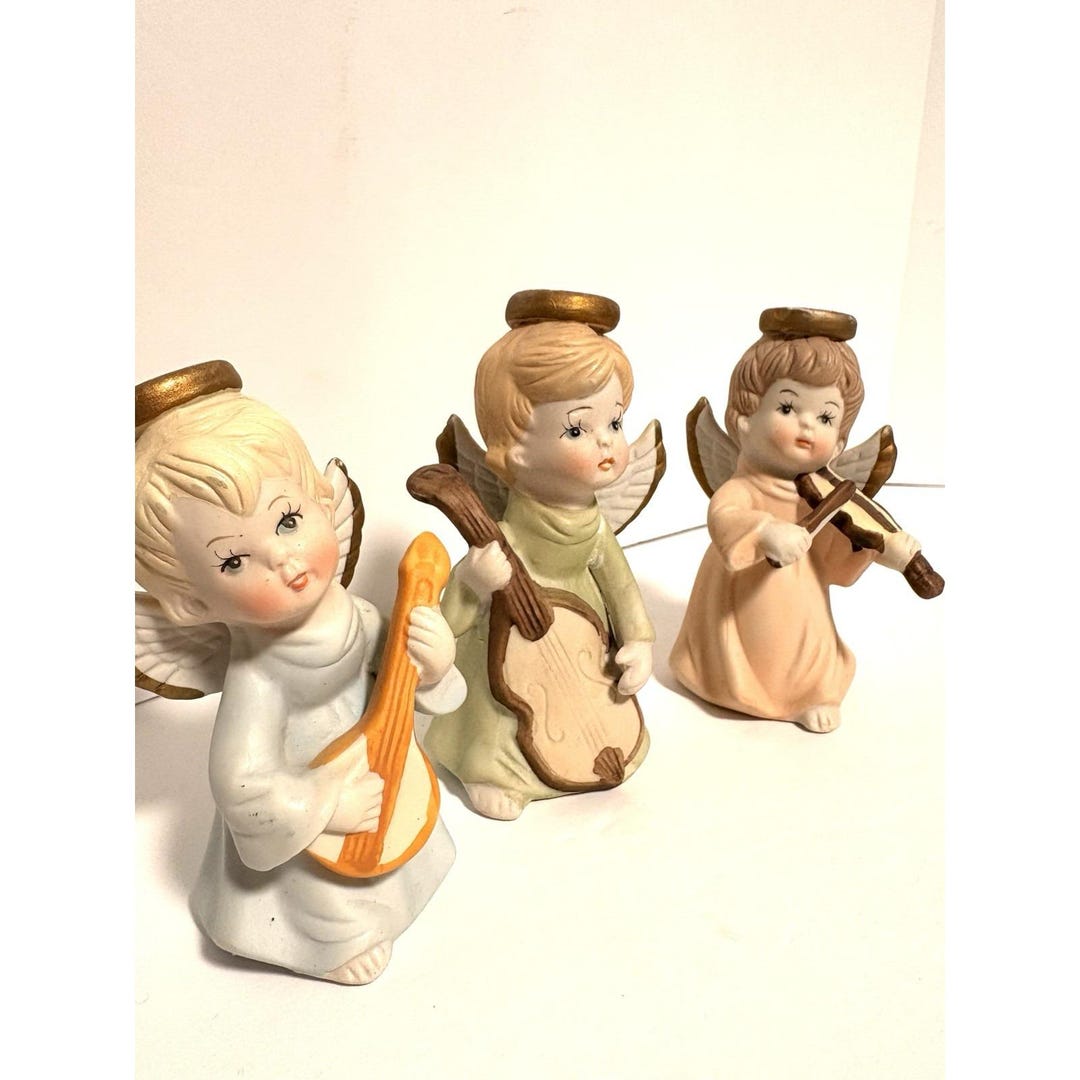 Common Angel String Instrument 3 Vintage Bisque Porcelain Musical Angels Playing String Instruments ...