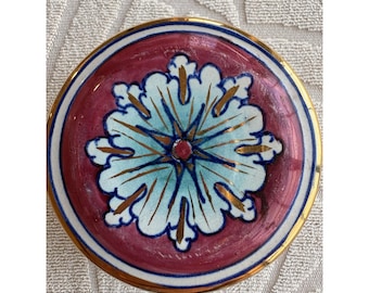 Deruta Włoska Ceramika Pudełko na Bibeloty Ręcznie Malowana Niebieska Gwiazda Ceramiczna Pokrywka 3"
