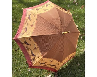 Vintage RALPH LAUREN Umbrella Pheasants Print Wood Handle READ
