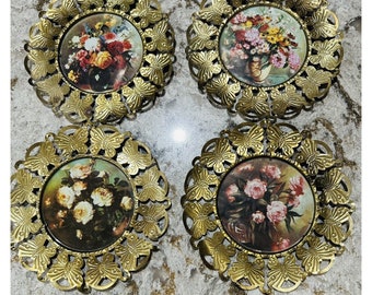 4 cornici rotonde a farfalla in ottone vintage per immagini di fiori realizzate in Inghilterra 6"