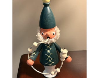 Erzgebirge Germany Wooden Smoker Figurine Incense Burner Smoking Man Green 1970s