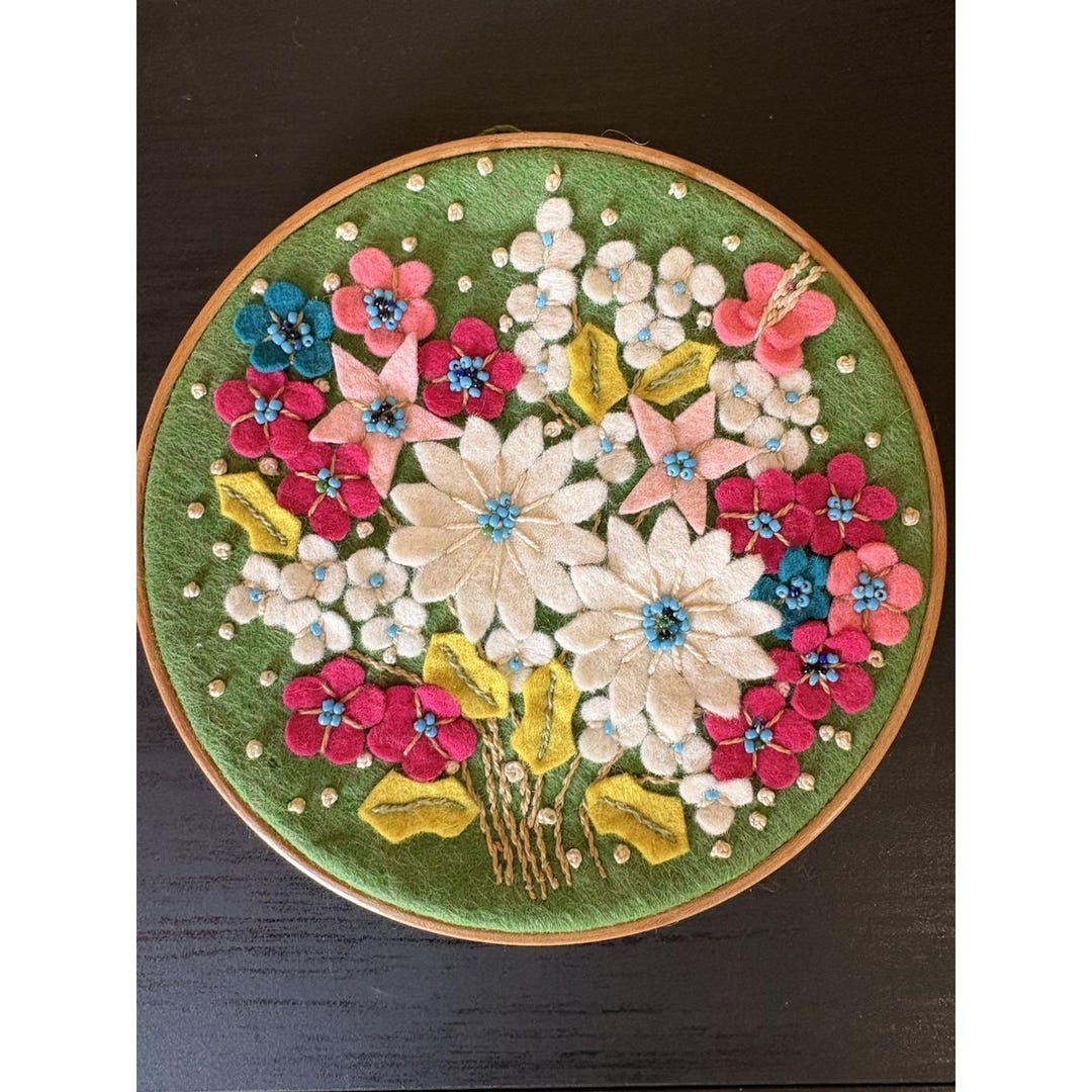 Embroidery Flowers in Hoop Beaded Hand Stitched Vintage Duchess Wood ...
