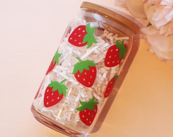 16oz Strawberry Can Glass |Strawberry Can Glass |Aesthetic Coffee Glass| Iced Coffee Glass |