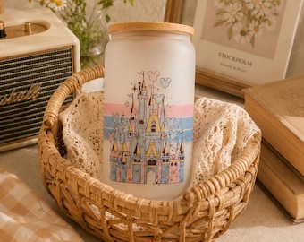 Castle Frosted Glass Can with Bamboo Lid & Straight Plastic Straw | 16oz Cute Iced Coffee Cup | Fairy Tale Glass Tumbler Gift