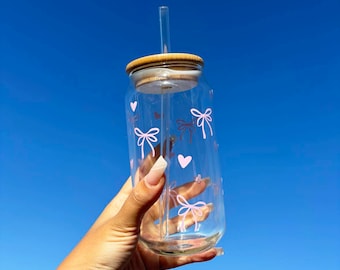 16oz Little Bow Ribbon Glass |Bow Ribbon Can Glass |Aesthetic Cold Glass| Iced Coffee Glass |