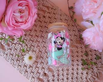 16oz Mermaid Disney Can Glass |UV DTF Printing Mermaid Disney Can Glass |Aesthetic Coffee Glass|