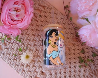16oz Princess Disney Can Glass |UV DTF Printing Princess Can Glass |Aesthetic Coffee Glass|