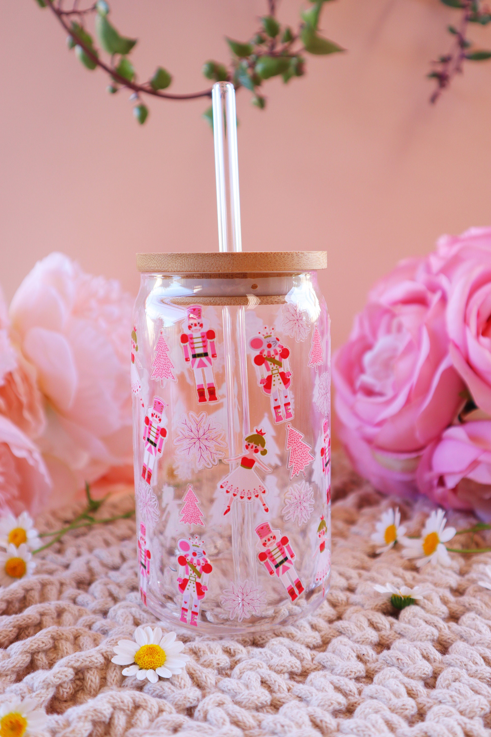 16oz Christmas Pink Ballet Girl Can Glass |UV DTF Printing Pink Ballet Girl Can Glass |Aesthetic Coffee Glass|