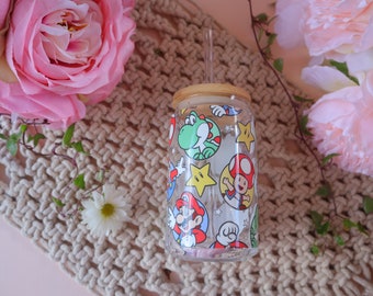 16oz Mario Can Glass |UV DTF Printing Mario Can Glass |Aesthetic Coffee Glass|