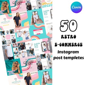 Ecommerce Social Media Template, Business Instagram Post Template, Ecommerce Canva Templates, Pink and Teal Retro Feed, Social Media Posts