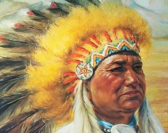 Vintage Native Chief Art Print Lithograph 20 X 24