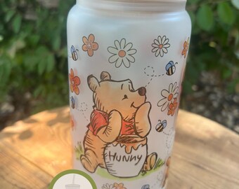 Pooh 16oz Glass Can,Honey bear Libbey glass cup,Winnie honey pooh 16oz Glass frosted,The pooh Coffee libbey glass cup,Cup with lid and straw