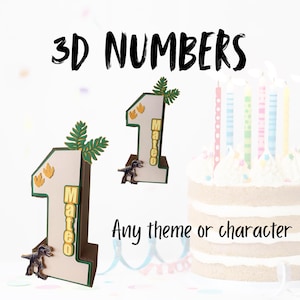 Puede incluir: Decoraciones de primer cumpleaños con el número uno en 3D con temática de dinosaurios. El número es blanco con borde verde, huellas de dinosaurios y el nombre "Mateo". La imagen también incluye una tarta con velas y el texto "Any theme or character".