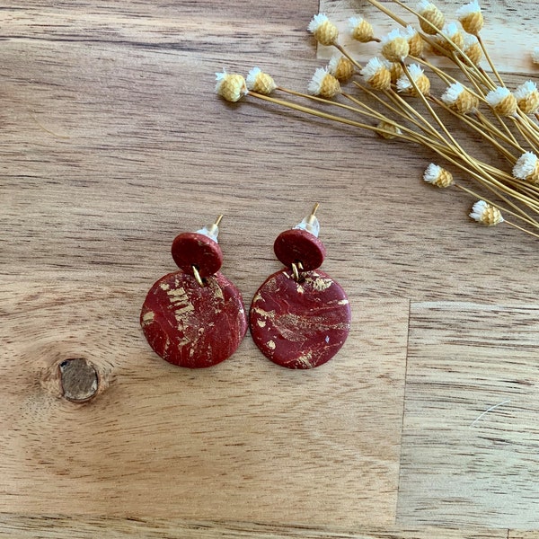 Handmade Clay Earring-Maroon and Gold Marble