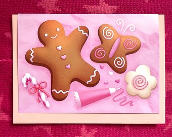 Pink Gingerbread - A5 Christmas Card With Envelope