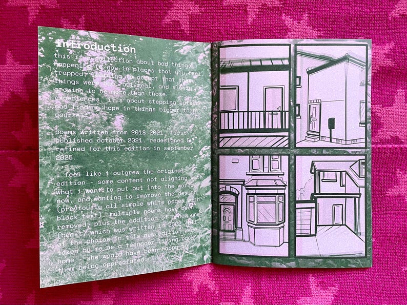 Puede incluir: Libro abierto con p&aacute;ginas verdes y texto. La p&aacute;gina izquierda tiene el texto "Introduction" y detalles sobre poemas. La p&aacute;gina derecha presenta cuatro ilustraciones en blanco y negro de casas.