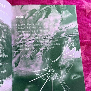 Puede incluir: P&aacute;gina de libro abierta con la palabra "eden" y un poema sobre la naturaleza y la soledad. Se presenta un dibujo lineal blanco de un p&aacute;jaro en vuelo. El fondo es un paisaje verde y blanco con hojas.