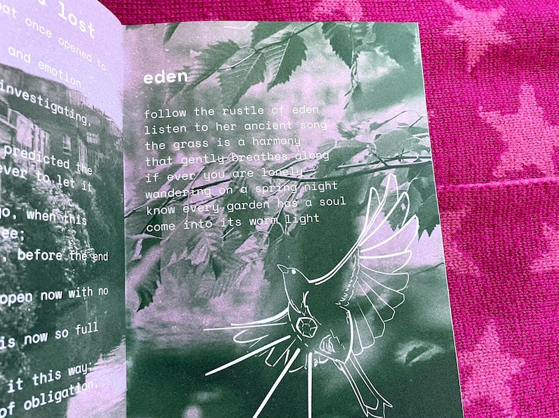 Puede incluir: P&aacute;gina de libro abierta con la palabra "eden" y un poema sobre la naturaleza y la soledad. Se presenta un dibujo lineal blanco de un p&aacute;jaro en vuelo. El fondo es un paisaje verde y blanco con hojas.