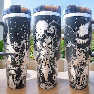 40 oz NBC Tumbler with Handle, Nightmare Before, Halloween & Christmas merch,-Laser engraved insulated stainless steel (hot and cold) mug