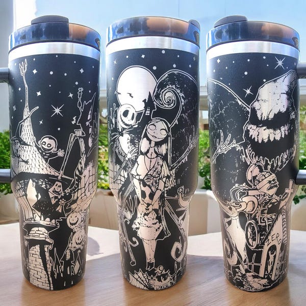 40 oz NBC Tumbler with Handle, Nightmare Before, Halloween & Christmas merch,-Laser engraved insulated stainless steel (hot and cold) mug