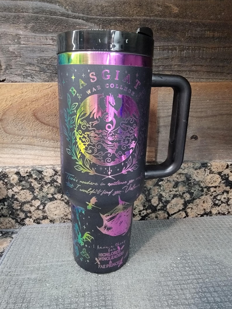 40 oz Dragon Rider Tumbler with Handle, Fourth merch, gift-Laser engraved insulated stainless steel (hot and cold) smut book mug, Booktok Black/Rainbow
