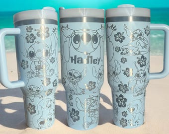 40 oz Blue Alien in Hawaii Tumbler,-Laser engraved insulated stainless steel (hot and cold) mug