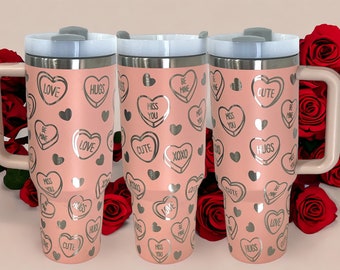 40 oz Valentines Candy Hearts Tumbler with Handle - Laser engraved insulated stainless steel (hot and cold) mug with lid and straw