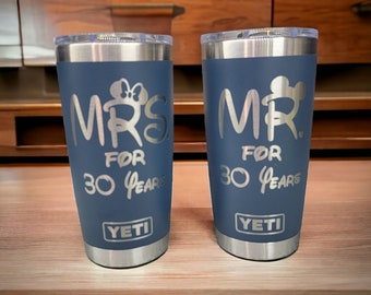 Customizable Mr. or Mrs. 20 oz Tumblers. Anniversary Years Personalized Laser Engraved.