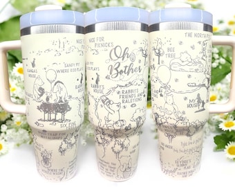 40 oz Hundred Acre Woods Pooh Tumber with Handle - Laser engraved insulated stainless steel (hot and cold) mug with lid and straw