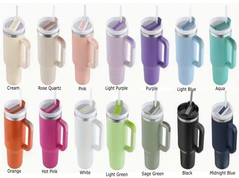 May include: A set of 14 stainless steel tumblers in a variety of colours, each with a lid, handle and straw.