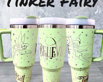 40 oz Tinker Fairy Tumbler with Handle - Laser engraved insulated stainless steel (hot and cold) mug with lid and straw