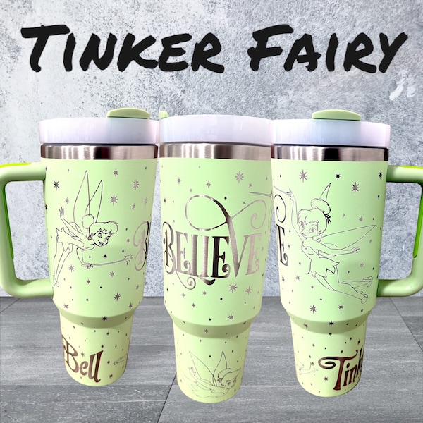 40 oz Tinker Fairy Tumbler with Handle - Laser engraved insulated stainless steel (hot and cold) mug with lid and straw