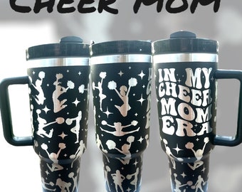 40 oz Cheer Mom Tumbler with Handle - Laser engraved insulated stainless steel (hot and cold) mug with lid and straw